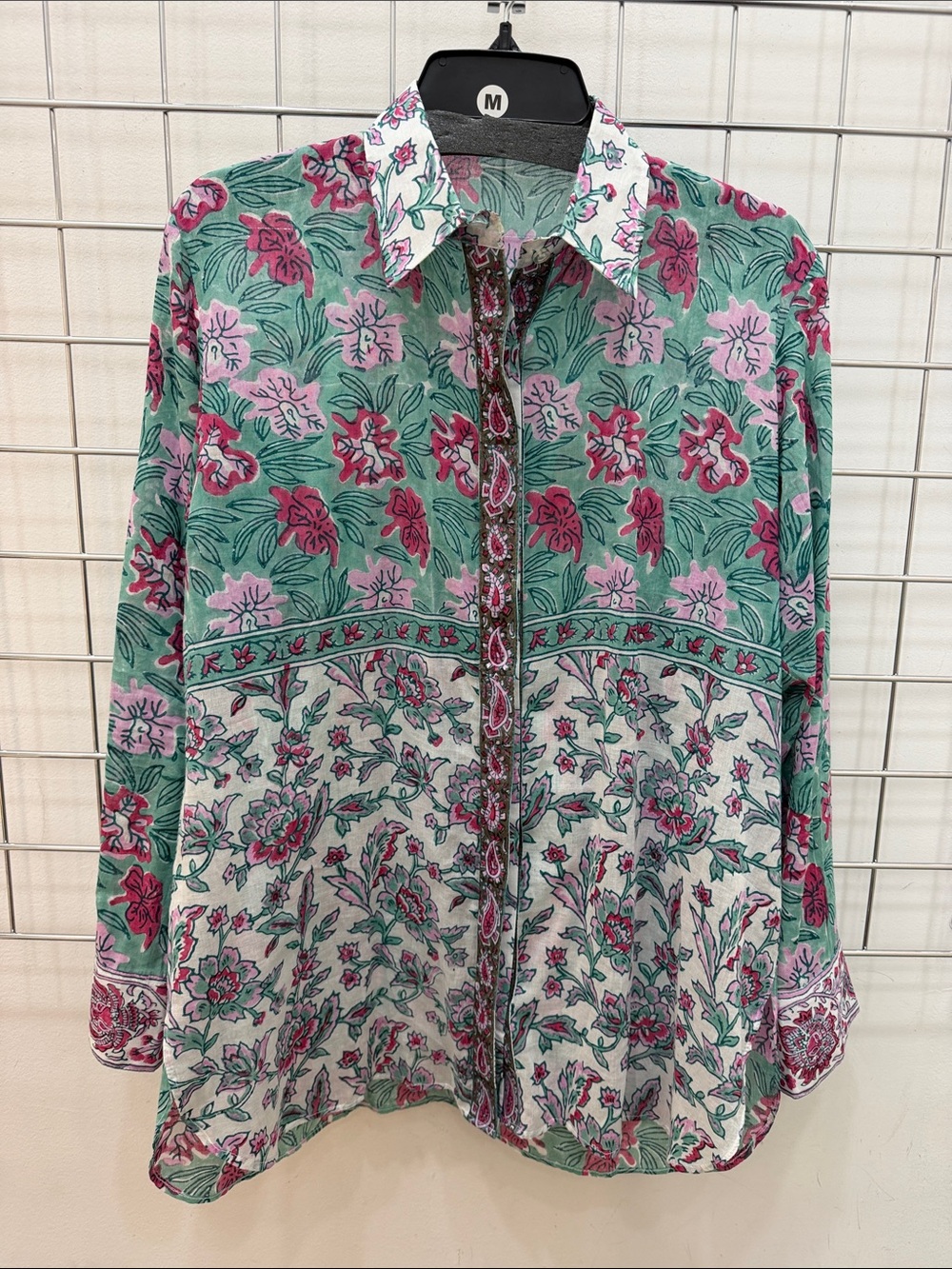 Floral Button-Down Shirt in Green and Pink - Women's